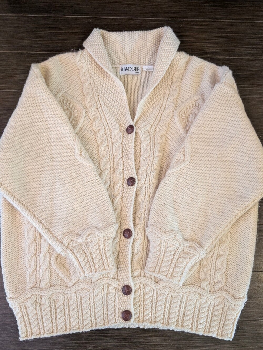 Vintage Wool Chunky Cream Cable Shawl-Collar Cardigan